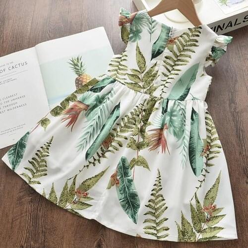New Dress for Girl Flying Sleeve Cool Summer Clothing Girls Plant Printing Kids Dresses Childrens Clothing for Going Out