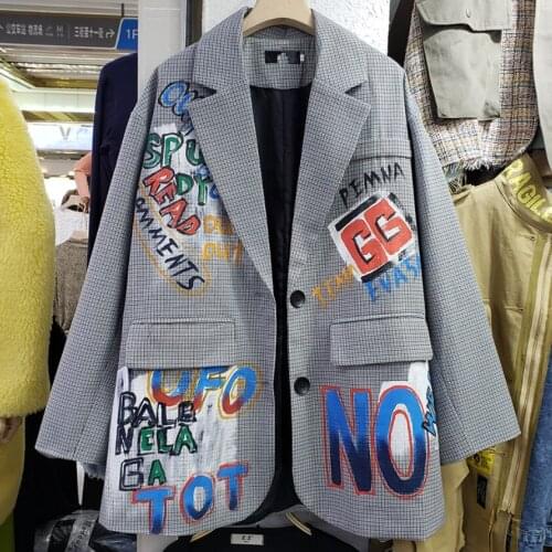New Autumn Plaid Blazer Women Fashion Graffiti Print Blazers Jacket Lady Loose Casual Suit Jackets