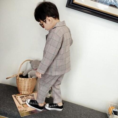 Toddler Boys Blazer Suit Set Autumn Fashion Single-breasted Plaid Blazer Coats+Pants 2pc Party Formal Suit 1-7Yrs Boy Clothes