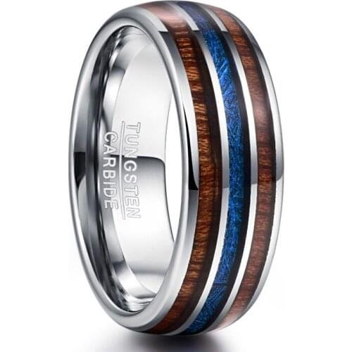 High Polished 8MM Hawaiian Koa Wood Men Ring Full Size Wedding Bands Blue Imitation Vermiculite 100% Tungsten Carbide Ring