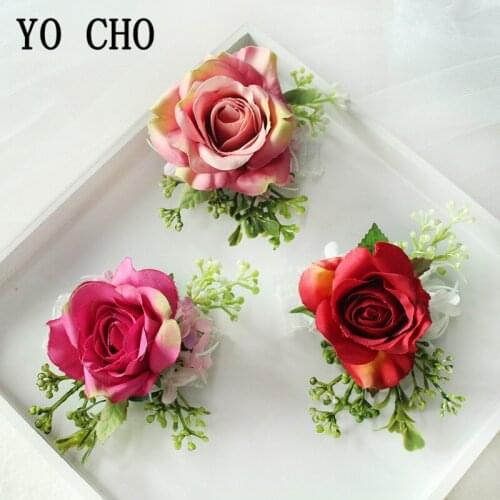 YO CHO Silk Roses Red Boutonniere Flowers Wedding Corsage and Boutonniere Groom Bridesmaid Bracelet Wedding Corsage Flower Decor
