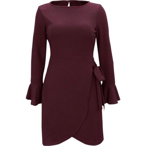 Women O Neck Long Flared Sleeve Irregular Hem Knitted Waist Bandage Mini Dress