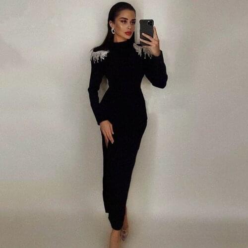 Women Winter Sexy Backless Long Sleeve Diamonds Tassel Long Bodycon Bandage Dress 2020 Elegant Evening Party Club Dress Vestidos