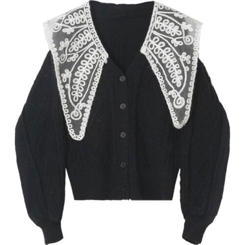 Luxury Design Lantern Sleeve Sweater Women Fall Winter Lace Point Collar V-Neck Single Breasted Cardigan Coat Christmas Female