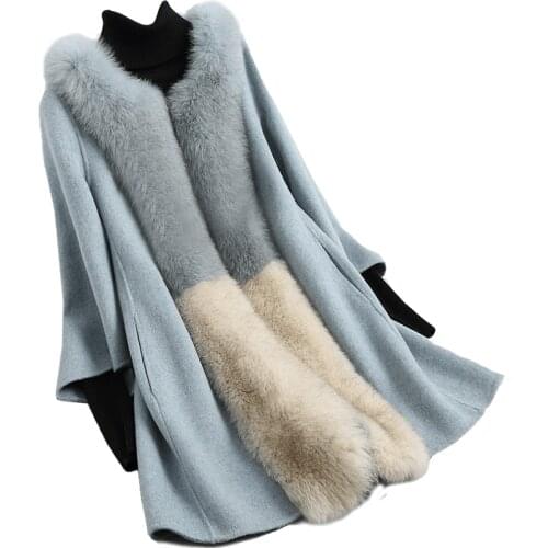 Big Autumn Winter Women Real Fox Fur Collar Wool Korean Double-side Woolen Coat Vintage Jacket X952900DMP92024MY2207