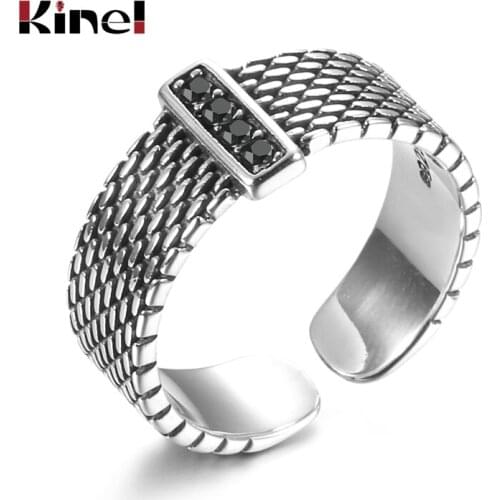 Kinel 2020 New Simple 925 Sterling Silver Fine Jewelry Engagement Black Spinel Round Engagement Retro Ring For Women