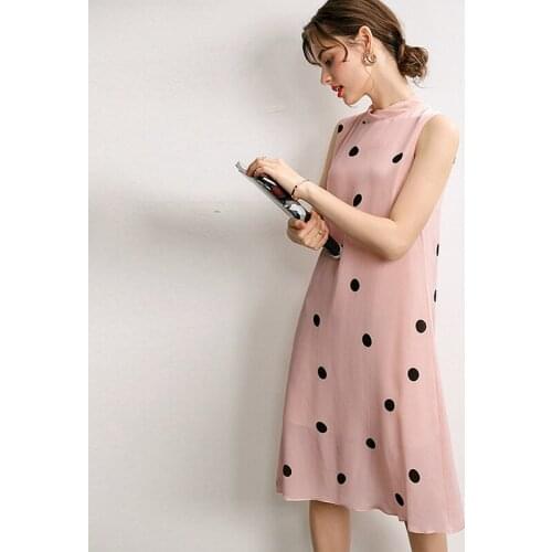 High Quality 100% Silk Dress Women Casual Style Dot Printed Sleeveless Silk Dresses Elegant A Dress New Fashion