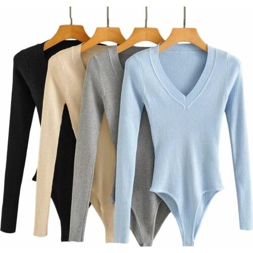 Autumn Winter Women One Piece Knitted Solid V Neck Long Sleeve Black Grey Blue Khaki Top Bodysuit Bodycon Jumpsuit