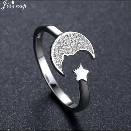 Jisensp Vintage Moon Star Ring Delicate Silver Plated Couple Rings Wedding Jewelry for Women Girls Valentines Day Gift bijoux