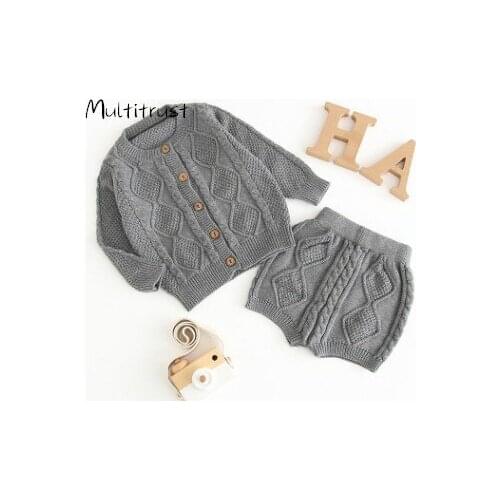 Winter Girl Knitted Clothing 0-24M Newborn Baby Warm Solid Long Sleeve Button Coat Shorts Pants Set Outfits 2Pcs