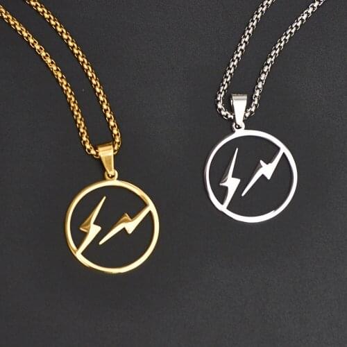 Gold Silver Color Round Lightning Pendant Necklace for Men Boy Punk Hip-Hop Cool Necklaces Stainless Steel Jewelry
