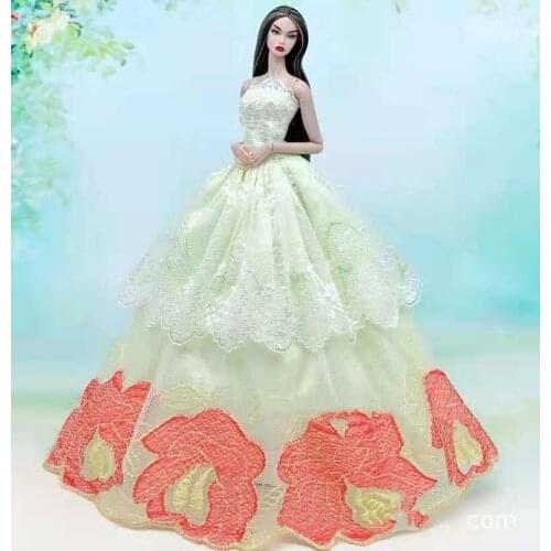 1/6 Light Yellow Floral Off Shoulder Lace Wedding Dresses For Barbie Doll Clothes Outfits Princess Evening Gown 1:6 Accessories