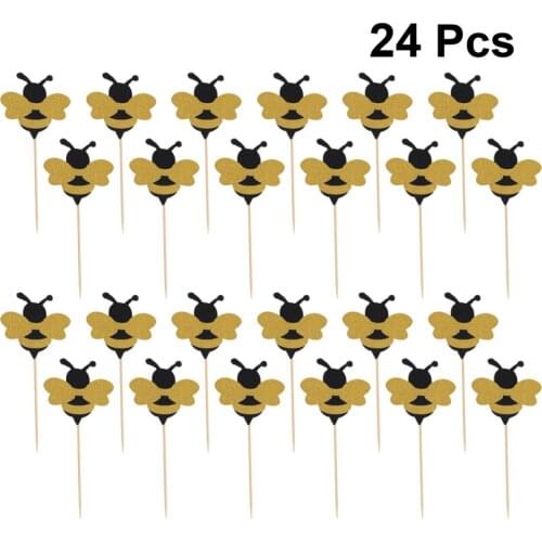 24 Pcs Paper Cake Toppers Shiny Bee Cupcake Toppers Honeybee Fruit Picks Dessert Decorative Supplies for Kid Birthday Party