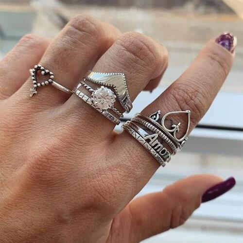 8 Pcs/Set Women Fashion Ring Set Letter Geometric Crystal Hollow Peach Heart Simple Silver Color Joint Rings Party Jewelry Gift