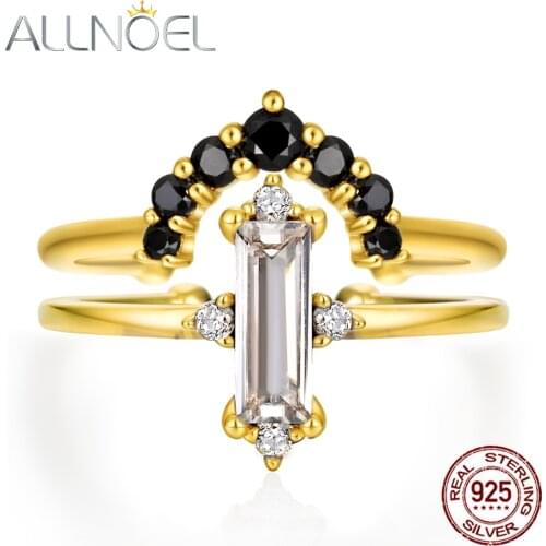 ALLNOEL 925 Sterling Silver Stackable Rings For Women 9K Gold Black Zircon Rose Quartz Green Agate Fine Jewelry Bridal Ring Set