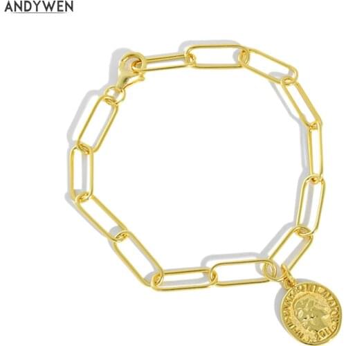 ANDYWEN 2020 New 925 Sterling Silver Gold Horoscope Round Queen Chian Bracelet Women Rock Punk Bangle Women Party Luxury Jewels