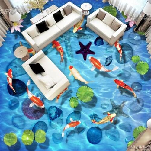 Beibehang Lotus carp stone shells 3D Floor Mural Wallpaper for Living Room Bathroom Floor PVC Self-adhesive Floor Wall paper