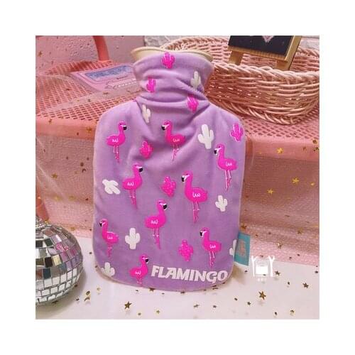 Free shipping 500 purple flamingos pattern hot water bag cute cartoon printed plush water filling portable mini hot water bag