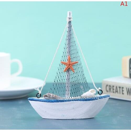 Mediterranean Style Marine Nautical Wooden Blue Sailing Boat Ship Wood Crafts