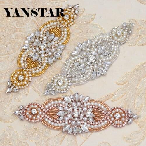 YANSTAR 2PCS Handmade Plus Size 16.5* 5CM Beads Rhinestones Appliques Accessory Sewing On For Wedding Dresses Belt YS845