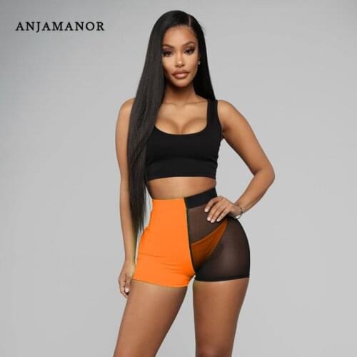 ANJAMANOR Mesh Color Block 3 Piece Set Sexy Club Outfits Crop Top Shorts Matching Sets for Women Festival Clothing D64-AZ97