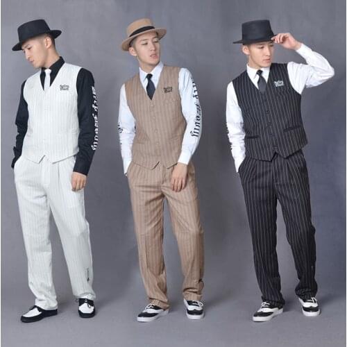 Popping Dance performance suit men Hip Hop suit locking vest machine dance Clothing street dance Stage suits Vest + pants + Tie