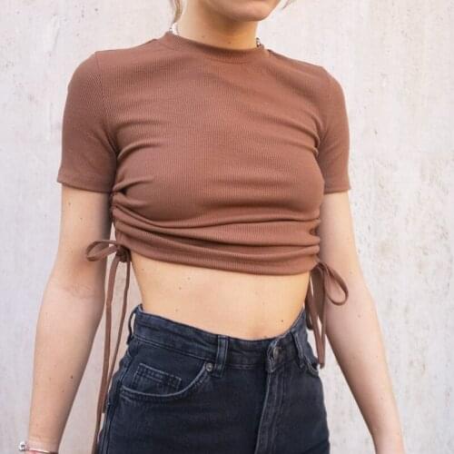 Summer Drawstring Crop Top Ribbed O-neck Short Sleeve Slim Fit T-shirt Women Basic Casual Black White Tee Clothes Streetwear