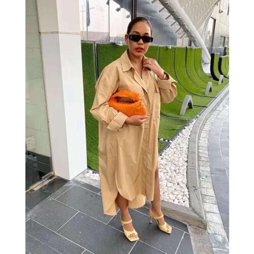 Traf 2021 Female Solid Loose Shirt Dress POLO Long Sleeve Slit Buttoned Robe Za Summer Women Elegant Irregular Maxi Dresses AB28