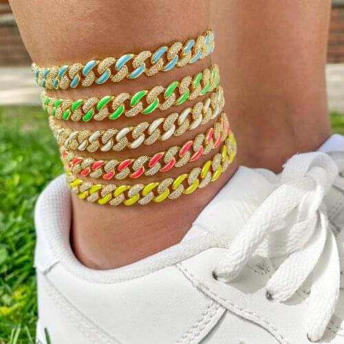 2021 Summer Hot Selling Neon Enamel CZ Cuban Link Chain Anklet Colorful Women Girl Fashion Jewelry