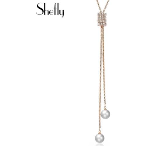 Minimalist Simulated-pearl Pendants Necklace Gold Colour Crystal Long Sweater Necklace Jewelry For Women Birthday Gifts