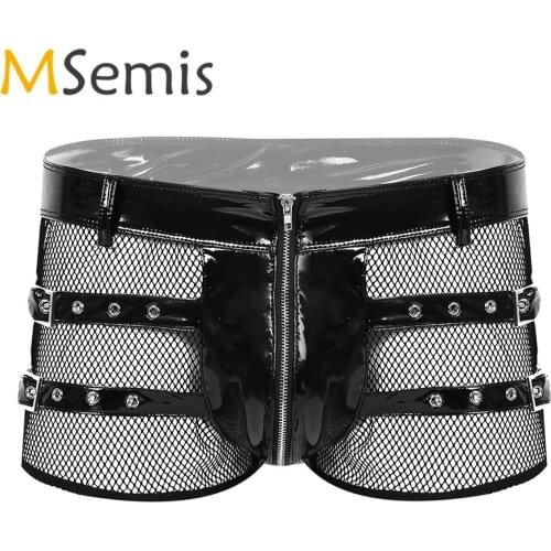 Swimwear Mens Wet Look Patent Leather Underwear Fishnet Swimming Truck Spliced Front Zip Up Boxer Briefs Shorts Swim Underwear