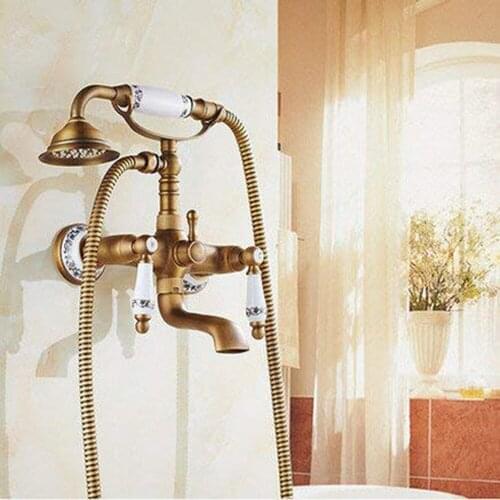 Rainfall Bathroom Shower Set Brass Antique Rain Shower System Wall Mounted Cold Hot Water Mixer Faucet Tap For Bath Accessories