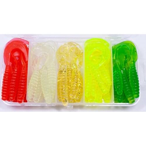 50Pcs/Box Soft Lure Kit Flexible Soft Grub Fishing Lure With Long Tail Artificial Grub Soft Bait Worm 5 Colors Fishing Baits