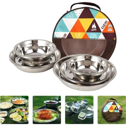 1 Set of 17Pcs Camping Mess Kit Outdoor Tableware Stainless Steel Plate Bowl with Storage Bag for Camping 2021 New