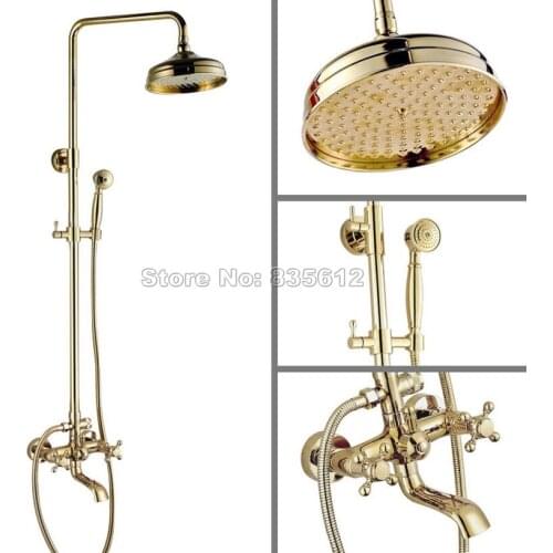 Bathroom Wall Mounted Rain Shower Faucet Set W/Dual Cross Handles Bathtub Gold Color Brass Mixer Tap with Handheld Shower Wgf381