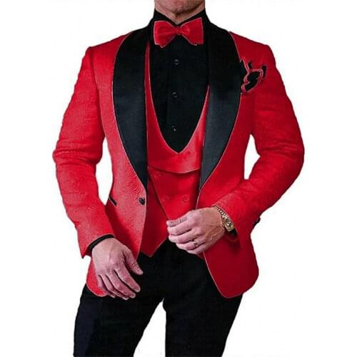 Latest Designs 2021 Custom Made Red Paisley Floral Slim Fit Tuxedo For Men Groom Suit Formal Wedding Best Man Blazer Vest Pant