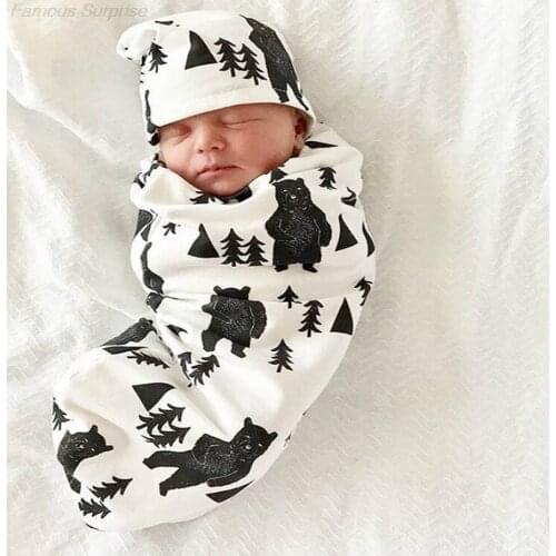 Newborn Boy Girl Cocoon Swaddle Wrap White Black Bear Print Baby Sleeping Bag with Hat/Headhand Set Cocoon Sack Soft Photo Props