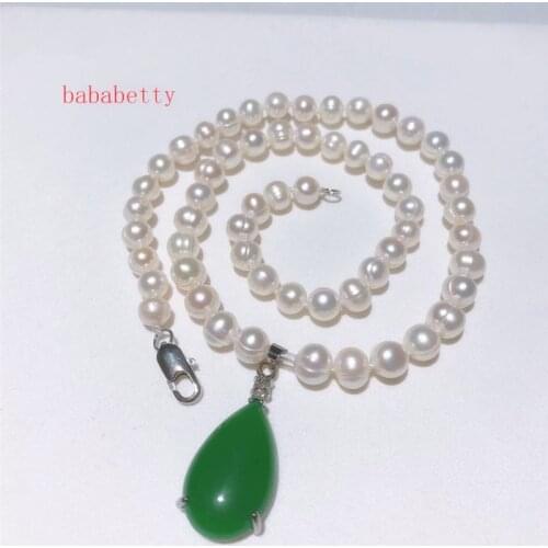 New natural white fresh water 7-8MM pearl jades pendant necklace 18"