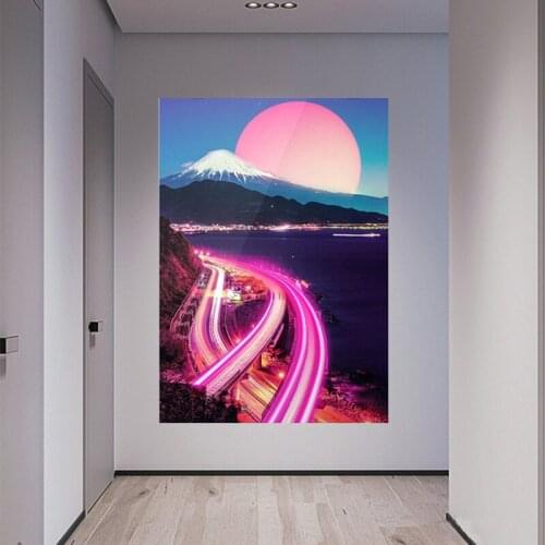 Neon City Synthwave Vaporwave Poster Framed Canvas Painting Wall Art Decor Living Room Study Home Wooden Frame Decoration Prints
