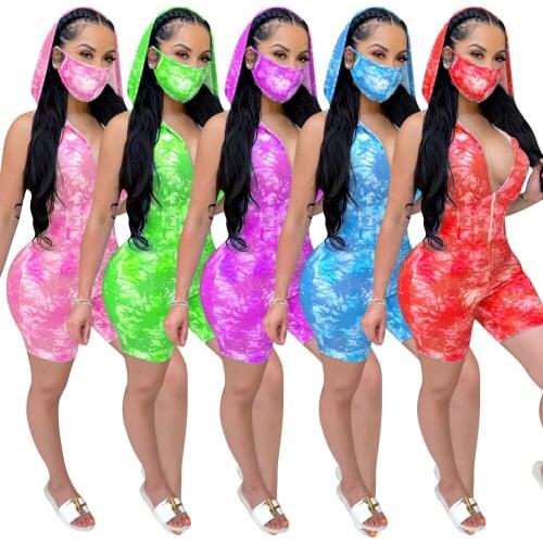 Casual Women Hooded Jumpsuit Women Overalls Print Tie Dye Front Zipper Sleeveless Short Rompers Womens Jumpsuit