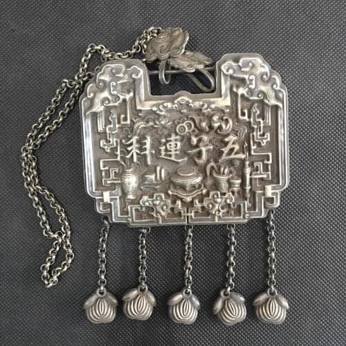 Rare Chinese Collectible Miao Yin Copper Handmade Wuzilianke Amulet Auspicious Necklace Pendant (Ya Jin Lock) Statue/3 Styles