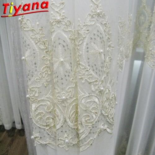 Luxury Pearls Embroidered Tulle Curtains for Living Room Flowers Rope Embroidery Gauze Window Drapes for Bedroom X-HM426#30