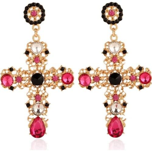 New Fashion Colorful Crystal Hollow Out Cross Drop Earrings for Women Female Gift Trendy Unusual Ear Rings Jewelry Goth Vintage