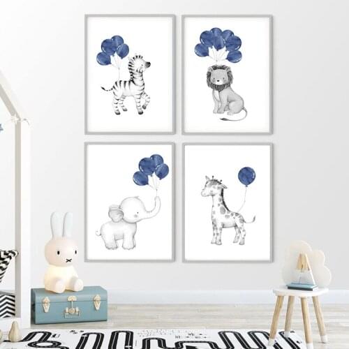 Blue Balloon Animal Canvas Painting Lion Giraffe Art Poster Nursery Cartoon Wall Print Nordic Kid Boy Bedroom Decoration Picture