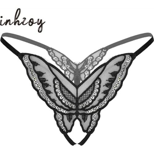 Sexy Panties For Women Erotic Lingerie Butterfly Embroidery Female Underwear Pearls Open Crotch Thongs Hot Exotic Lace G-Strings