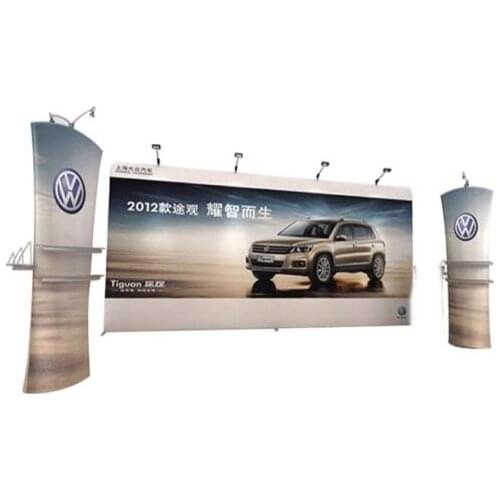 Tradeshow Combined 20ft Tension Fabric Display Backdrop with 4 Lamps + 2 EZ tube Display Stand with Acrylic shelf & lights