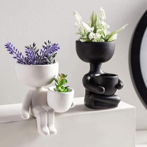 Creative Humanoid Ceramic Flower Pot Character Sitting Posture Sculpture Vase Desktop Flower Arrangement Container Couple Gift