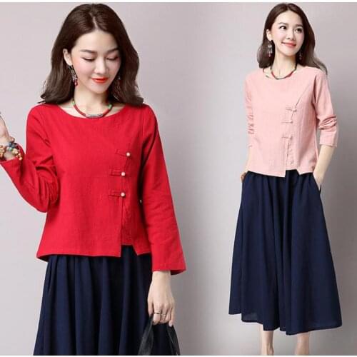Spring Fall Casual Women Red Navy Full Sleeve Pearls Buttons Linen T Shirt , Loose Xxl Tshirt For Woman , Female Tee Shirt
