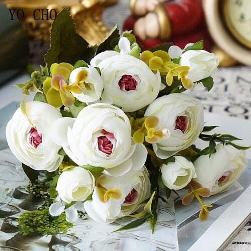 YO CHO Retro Artificial Roses Bouquet 10 Heads Silk Tea Roses Flores for Autumn Wedding Table Home Decor 5 Branches Fake Flowers