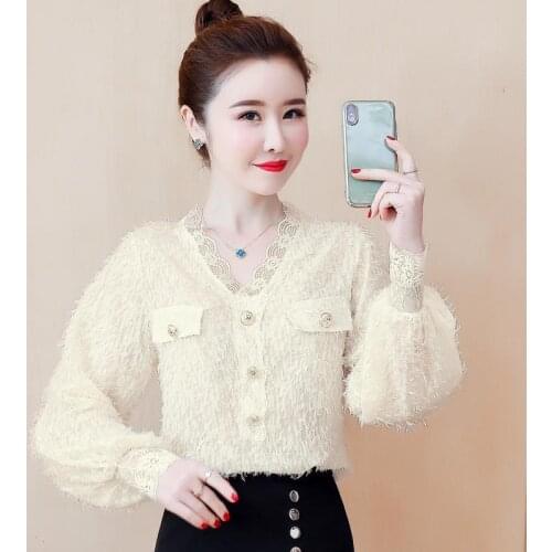 Women Blouse Spring Shirt Lace Womens Lantern Sleeve Sexy V-neck Top Blusas Ropa De Mujer